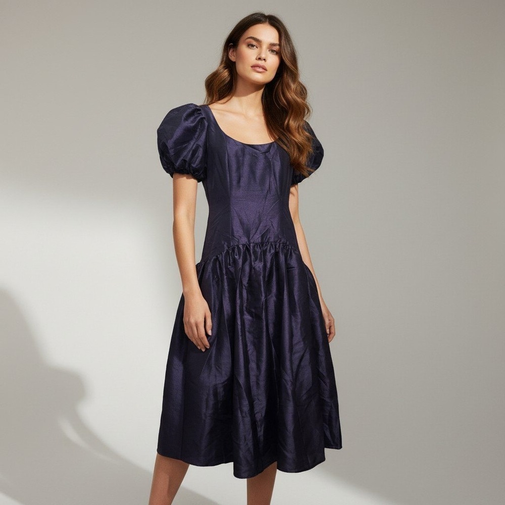 Hutch Purple Puff Sleeve Taffeta Midi Dress Scoop Neck Dropped Waist Size 6
